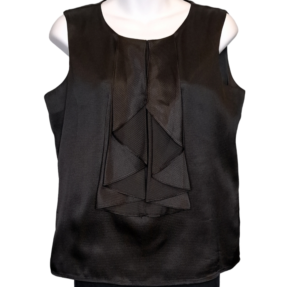 CALVIN KLEIN • Ruffle Front Sleeveless Satin Top • Lined • Size 12-14 • EUC •